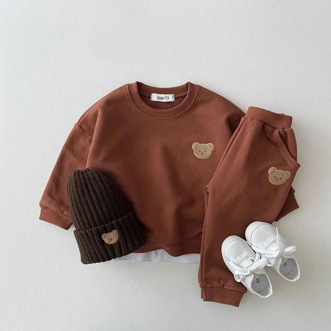 Bear Print Sweatshirt & Pants Set - Brown